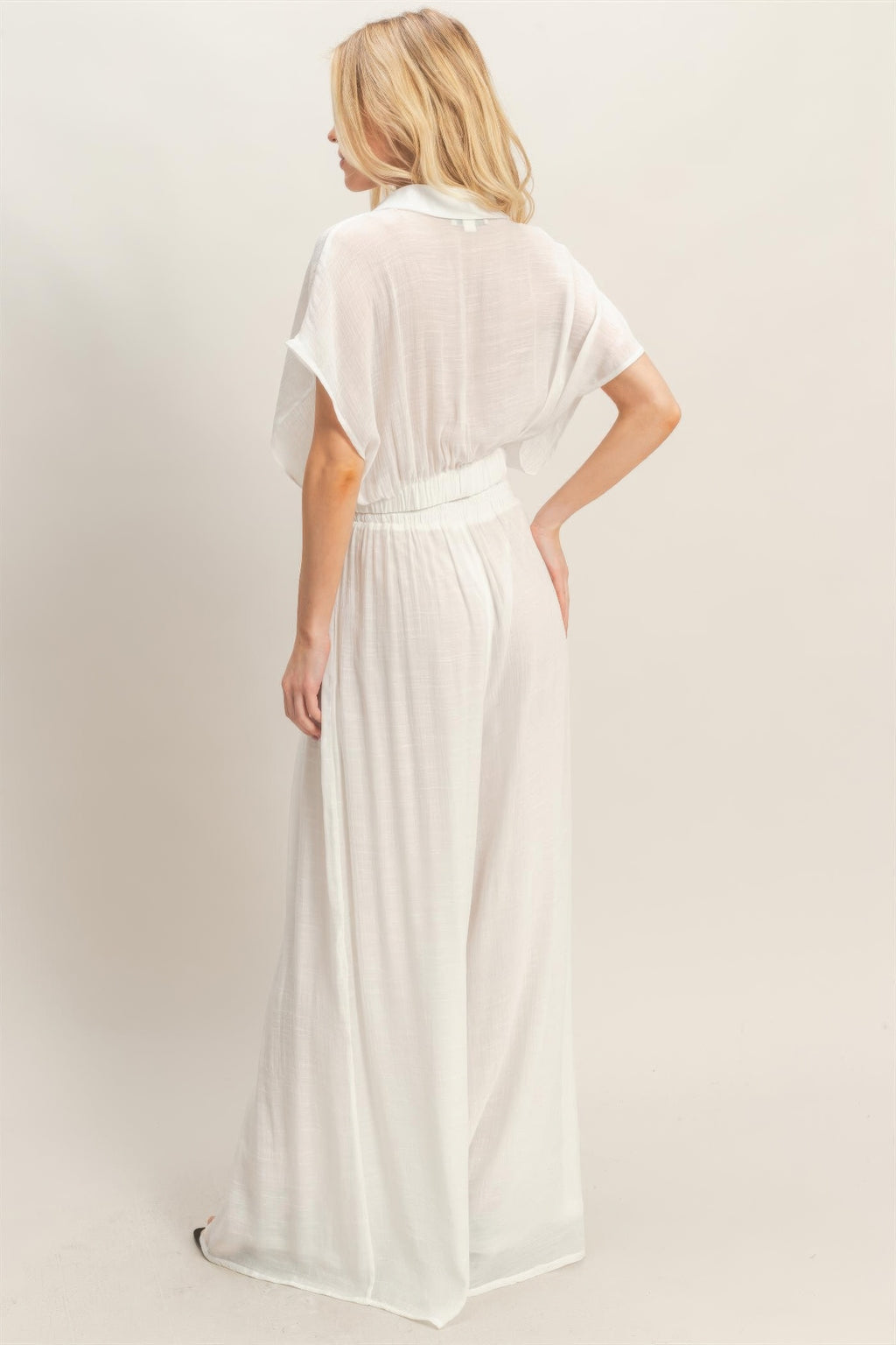 Draped Collar Wide-Leg Pants Set -