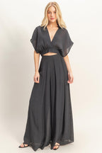 Draped Collar Wide-Leg Pants Set - Black