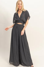 Draped Collar Wide-Leg Pants Set -