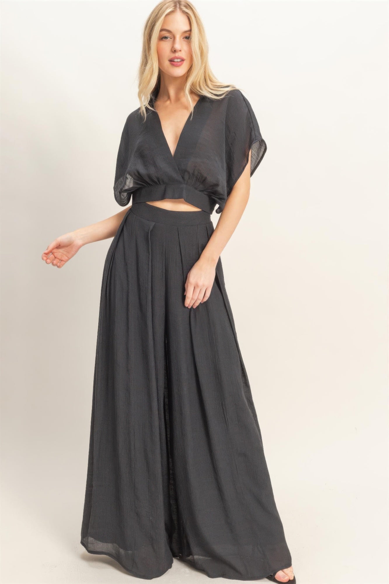 Draped Collar Wide-Leg Pants Set -