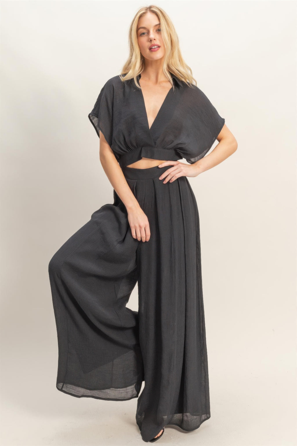 Draped Collar Wide-Leg Pants Set -