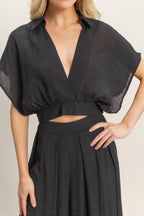 Draped Collar Wide-Leg Pants Set -