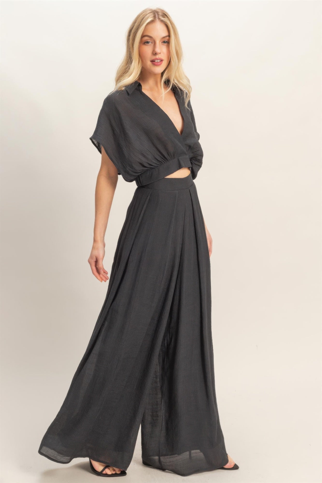 Draped Collar Wide-Leg Pants Set -
