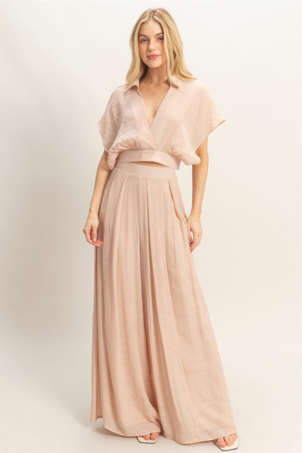 Draped Collar Wide-Leg Pants Set -