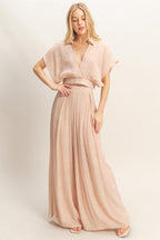 Draped Collar Wide-Leg Pants Set - Almond
