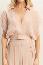 Draped Collar Wide-Leg Pants Set -