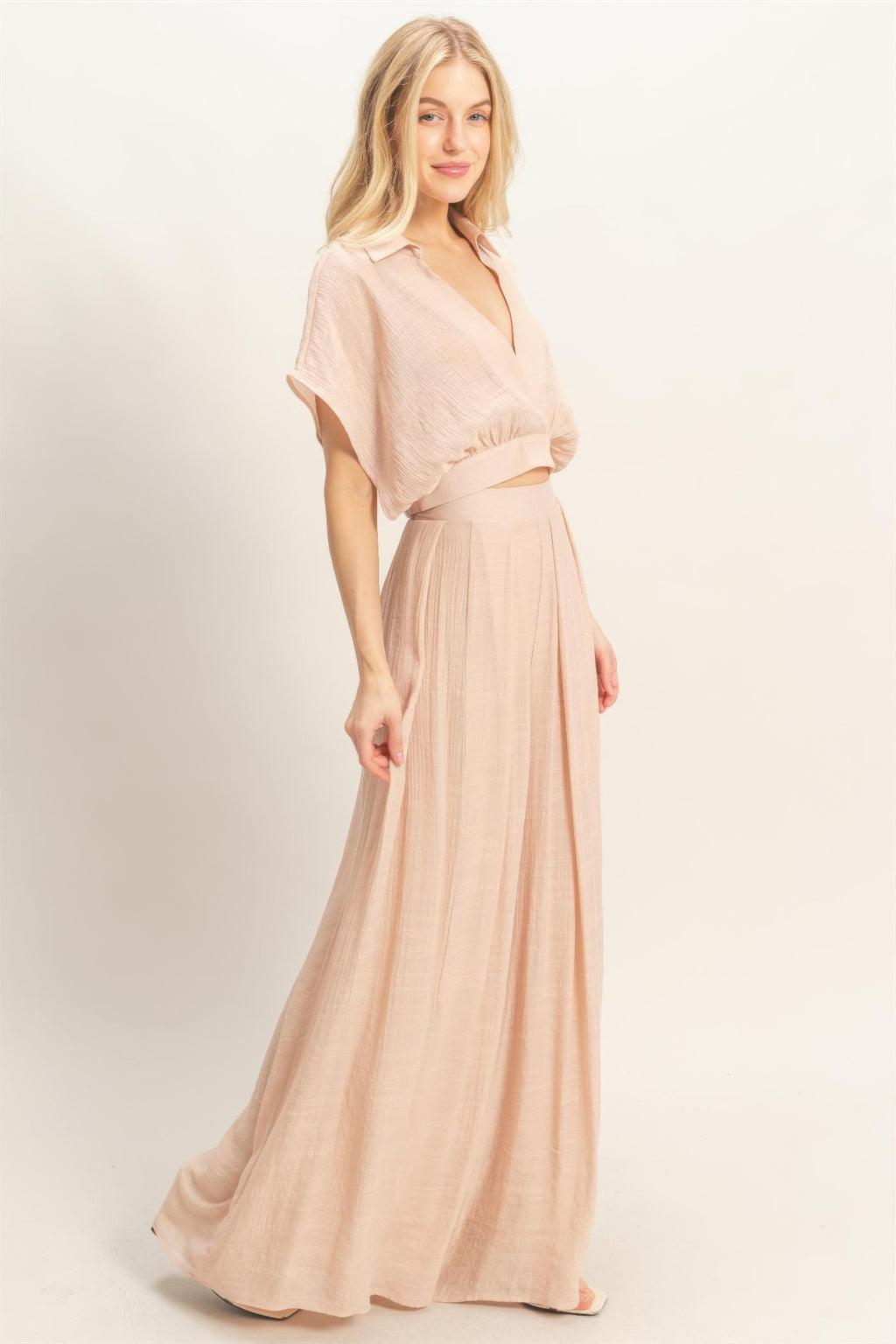 Draped Collar Wide-Leg Pants Set -