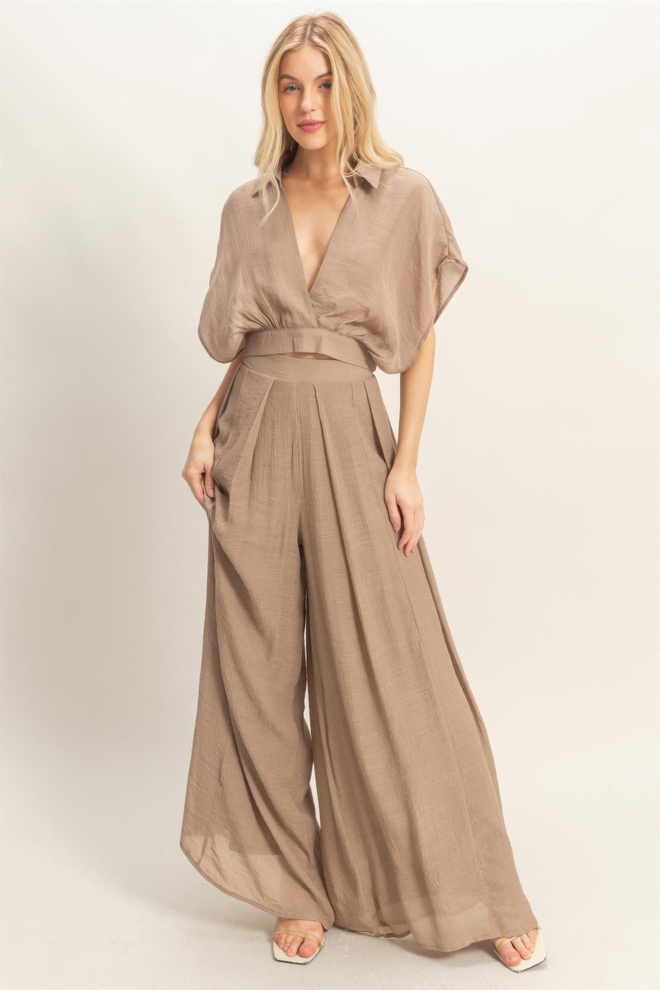 Draped Collar Wide-Leg Pants Set -