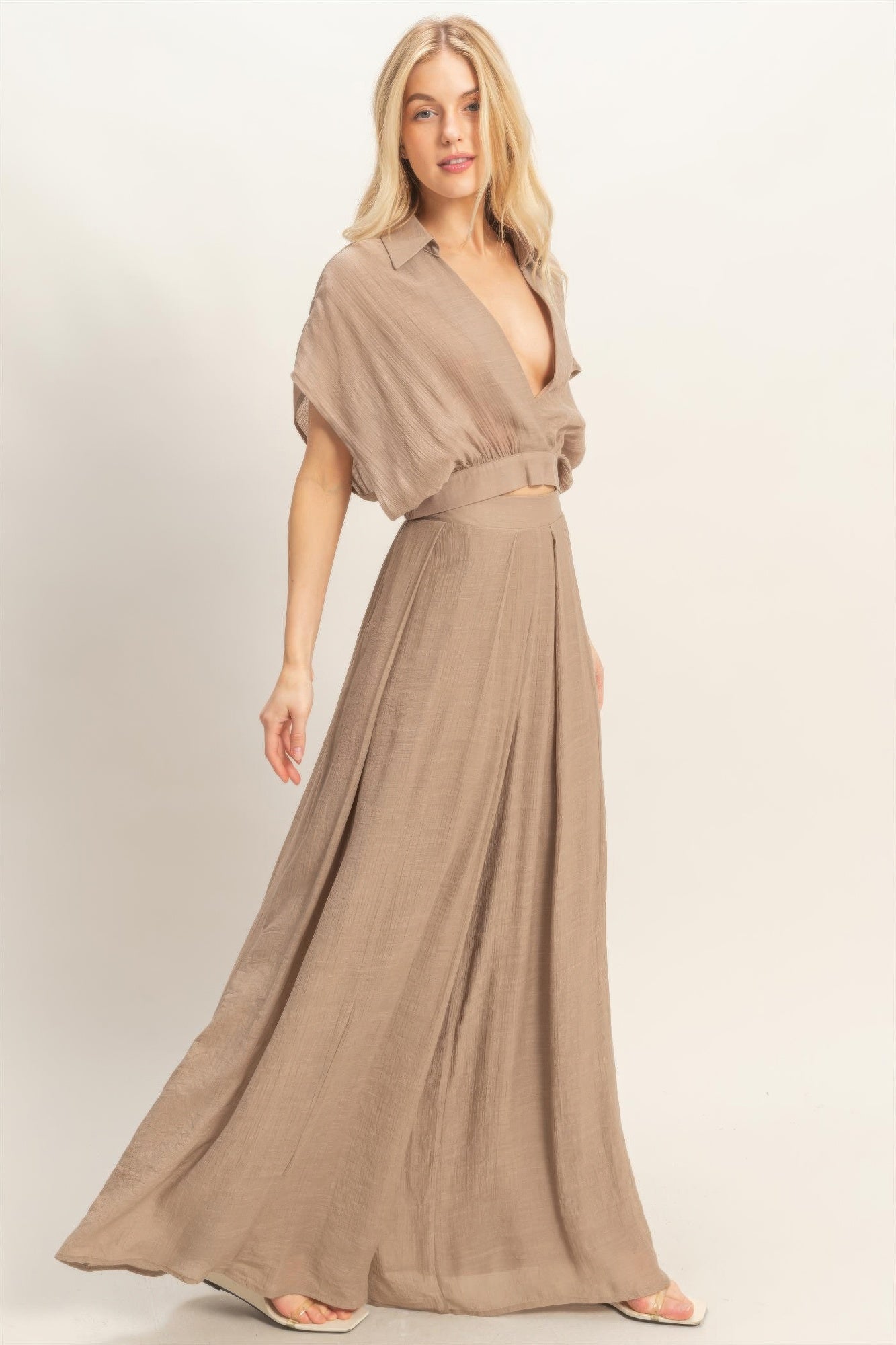 Draped Collar Wide-Leg Pants Set -