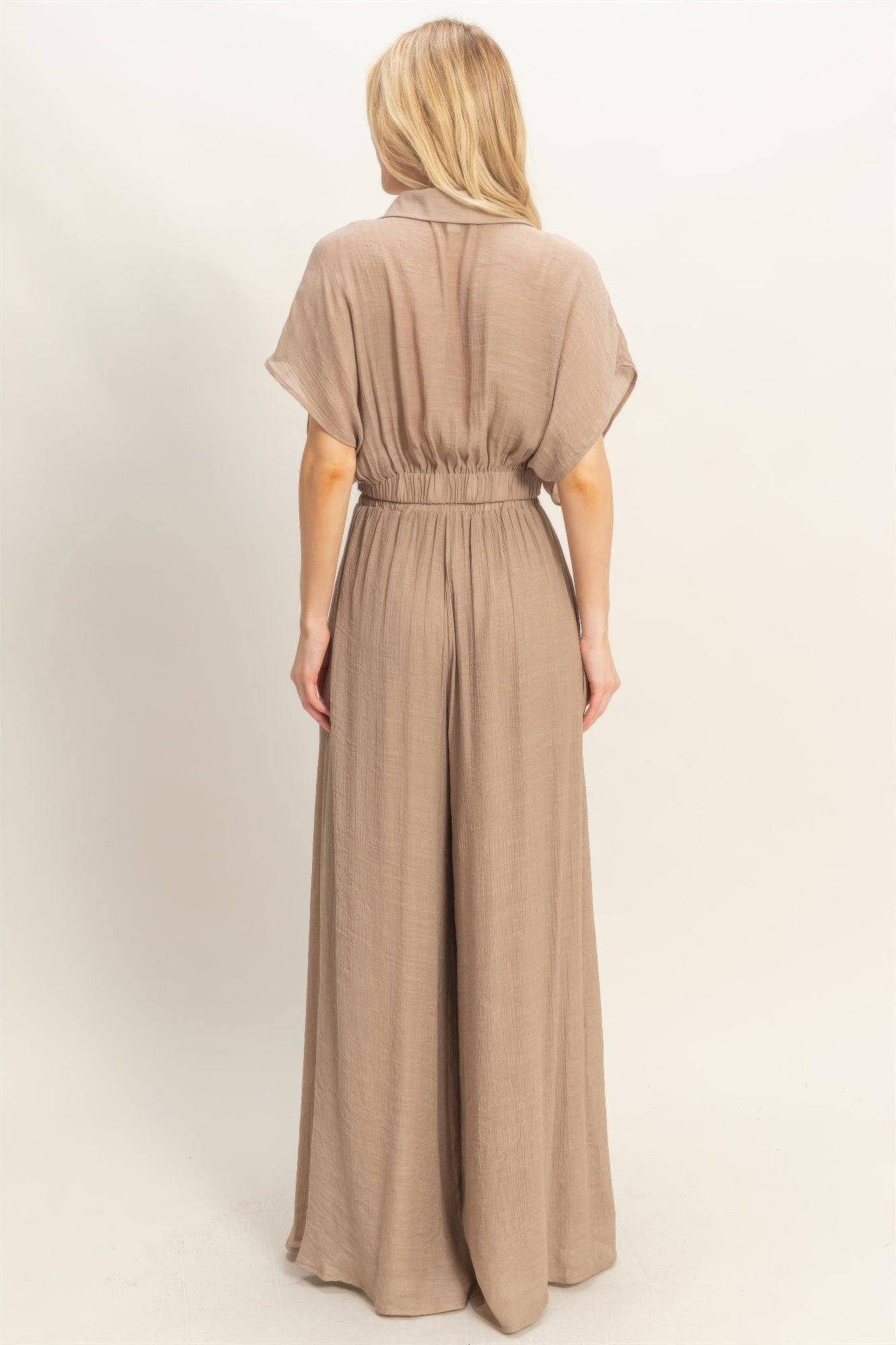 Draped Collar Wide-Leg Pants Set -