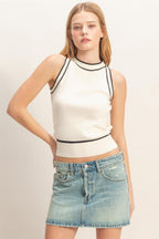 Contrast Trim Knit Tank - Cream