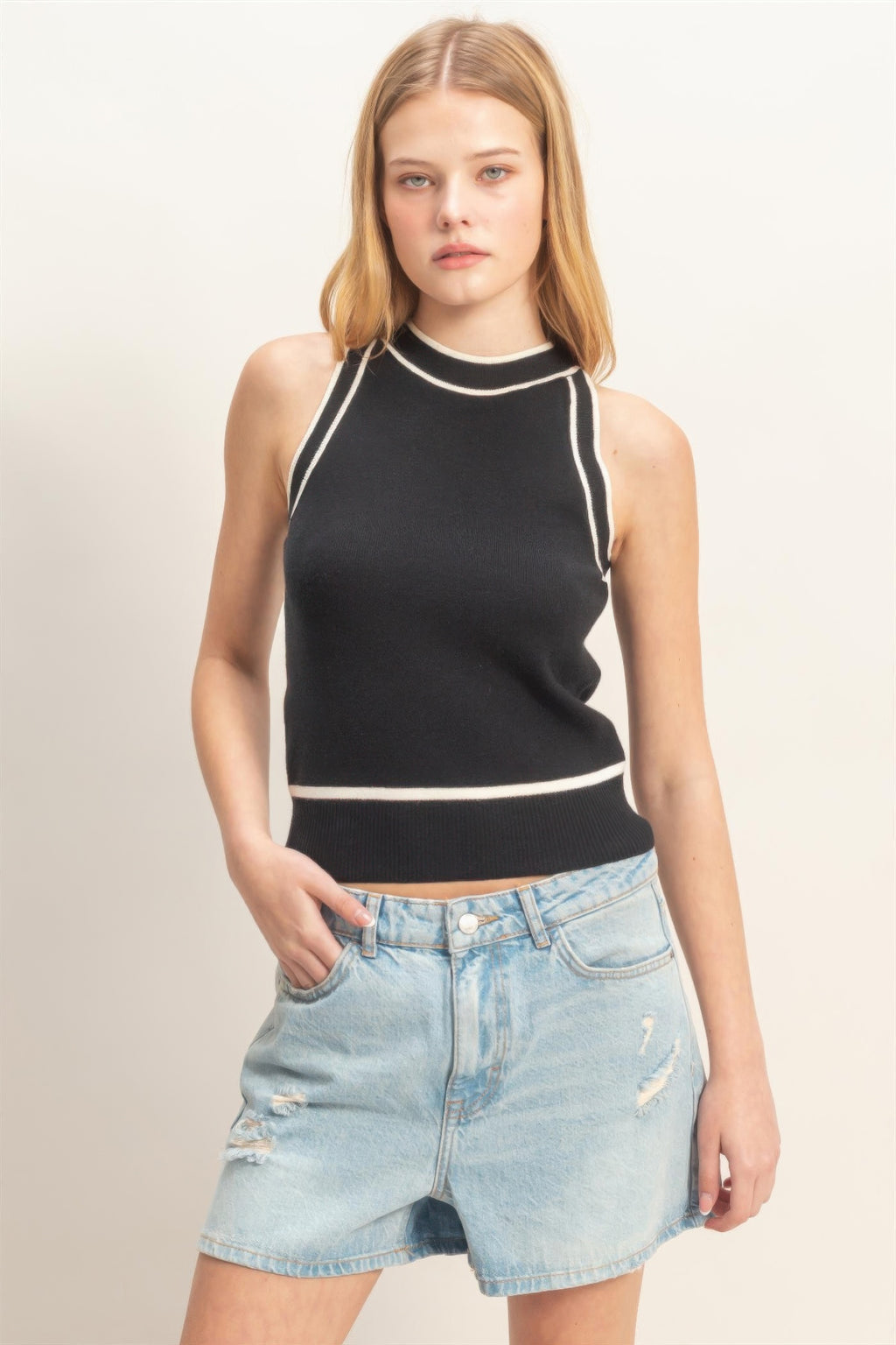 Contrast Trim Knit Tank - Black