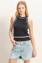 Contrast Trim Knit Tank - Black