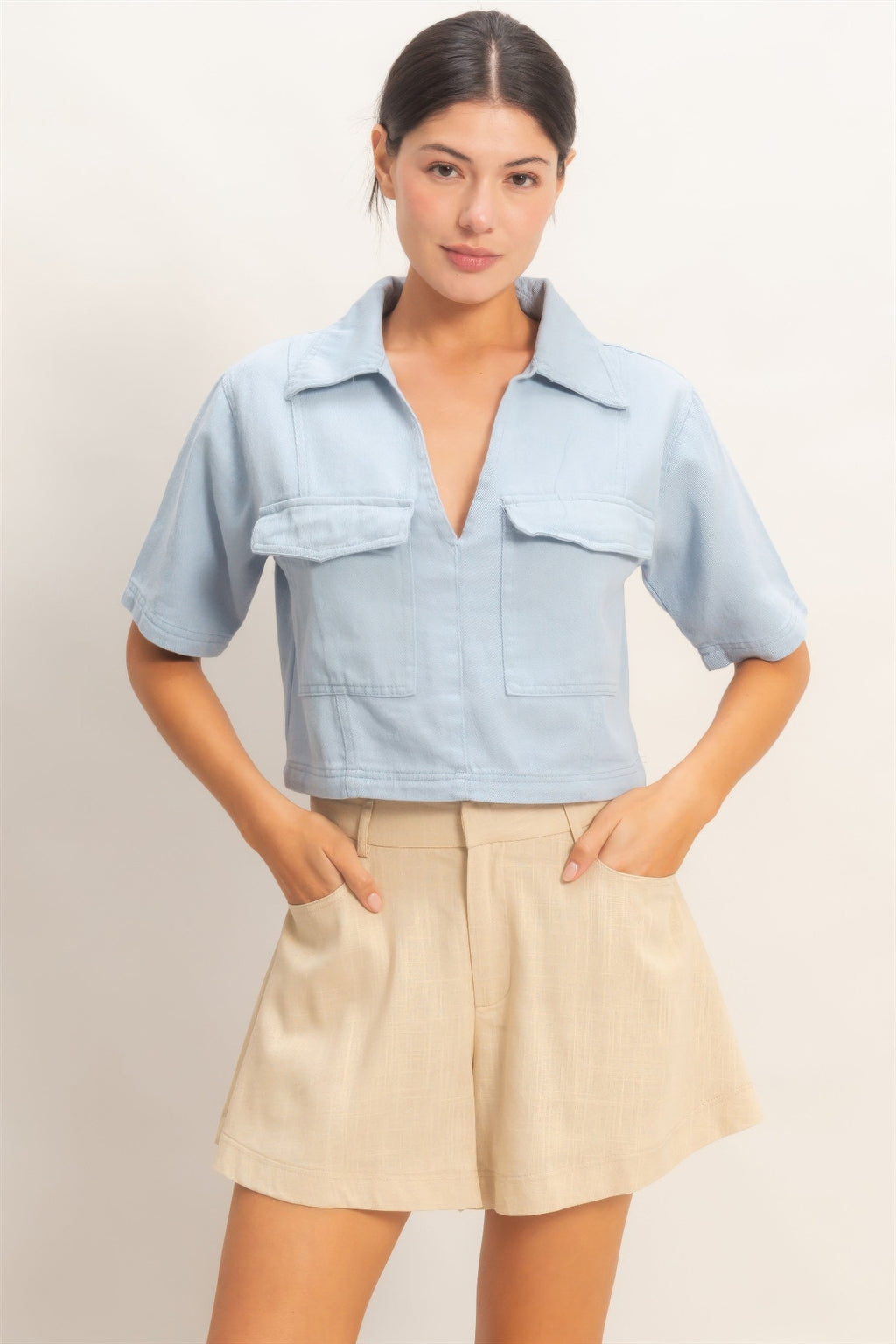 Collared Utility Pocket Blouse - Light blue