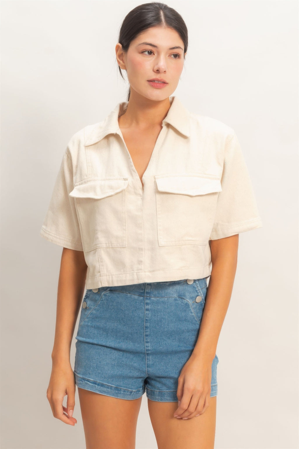 Collared Utility Pocket Blouse - Oatmeal