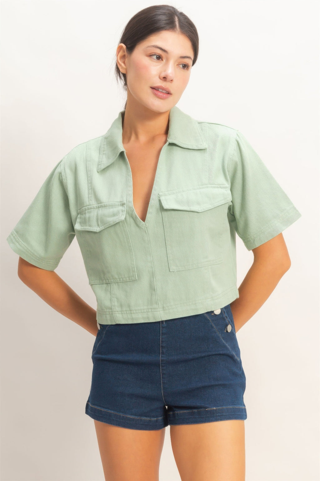 Collared Utility Pocket Blouse - Sage