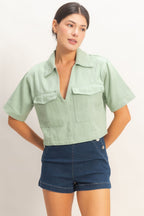Collared Utility Pocket Blouse - Sage