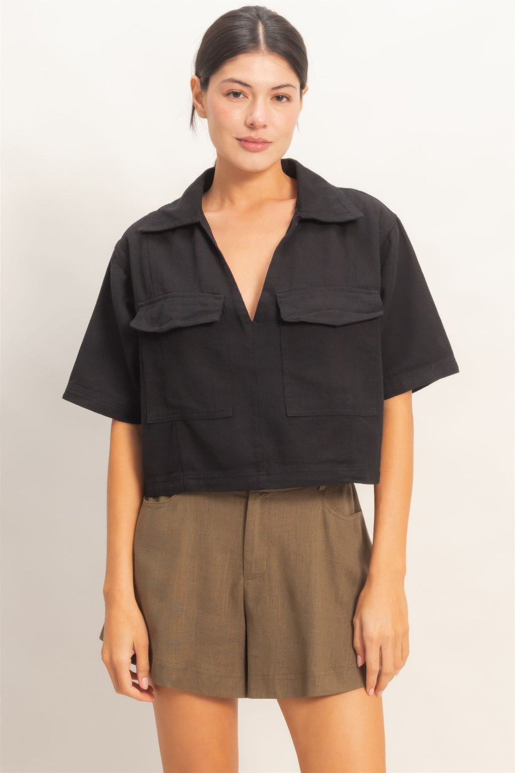 Collared Utility Pocket Blouse - Black