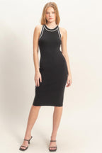 Contrast Trim Ribbed Midi Dress - Black