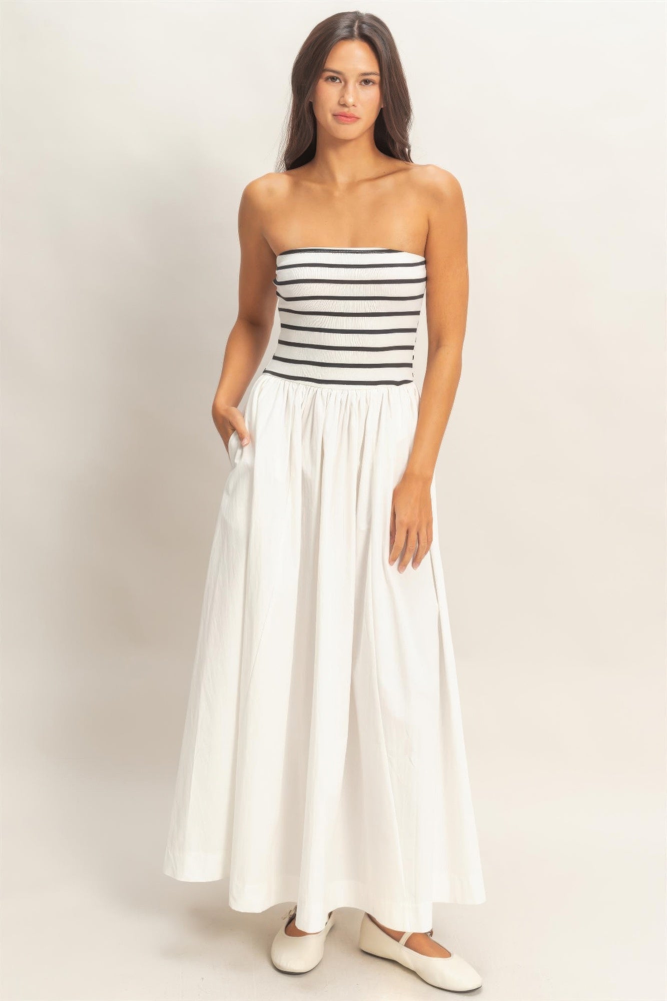 Striped Bandeau Flowy Midi Dress -