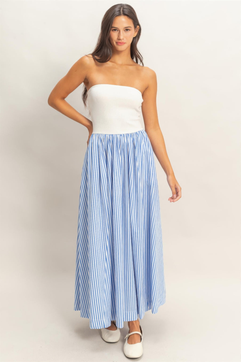 Striped Bandeau Flowy Midi Dress - Blue