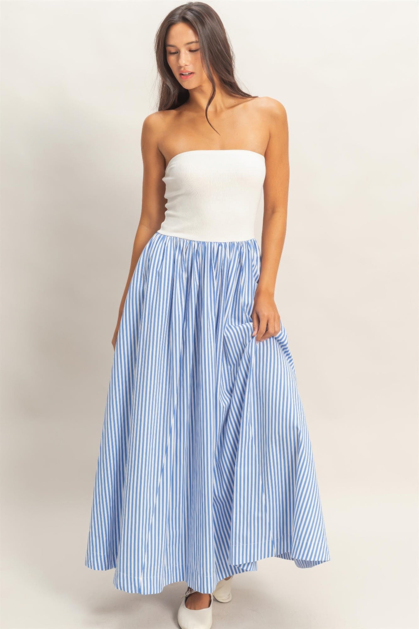 Striped Bandeau Flowy Midi Dress -