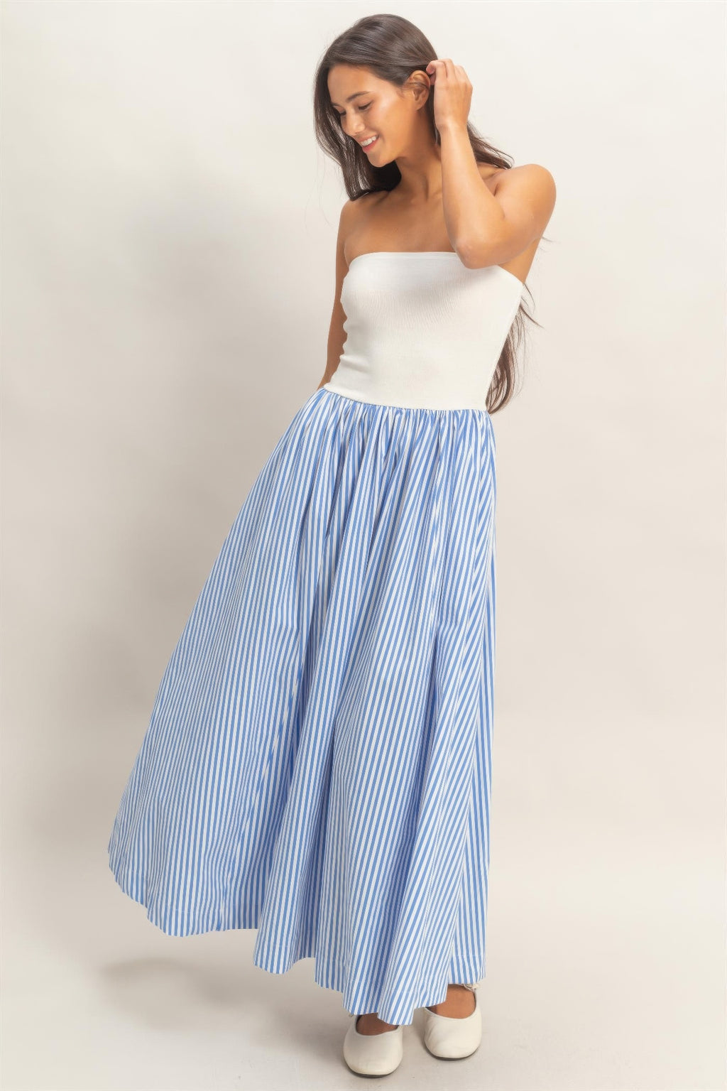 Striped Bandeau Flowy Midi Dress -