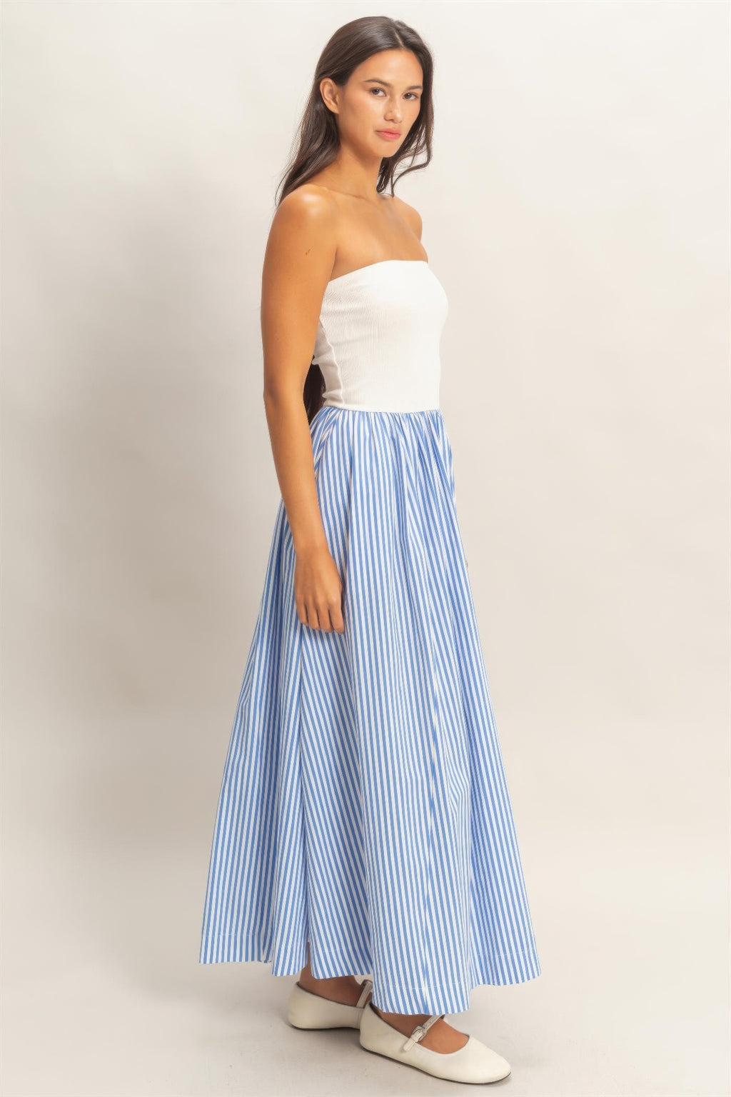 Striped Bandeau Flowy Midi Dress -