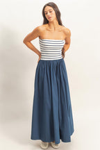 Striped Bandeau Flowy Midi Dress - Navy