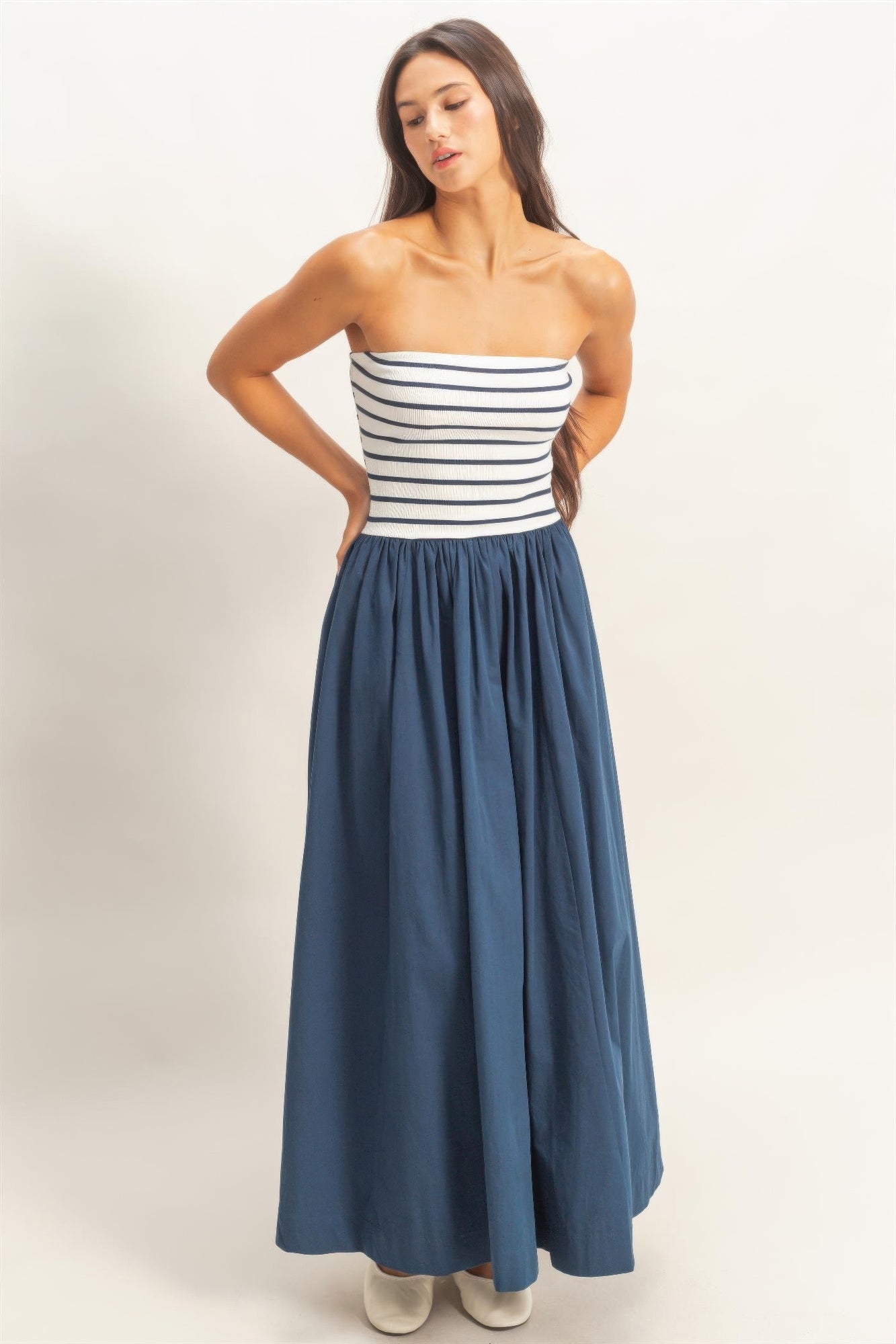 Striped Bandeau Flowy Midi Dress - Navy