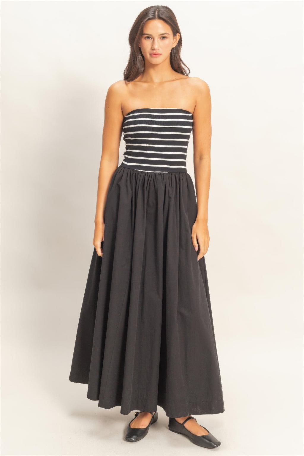 Striped Bandeau Flowy Midi Dress - Black