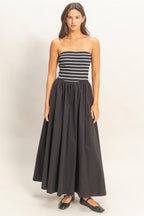 Striped Bandeau Flowy Midi Dress - Black