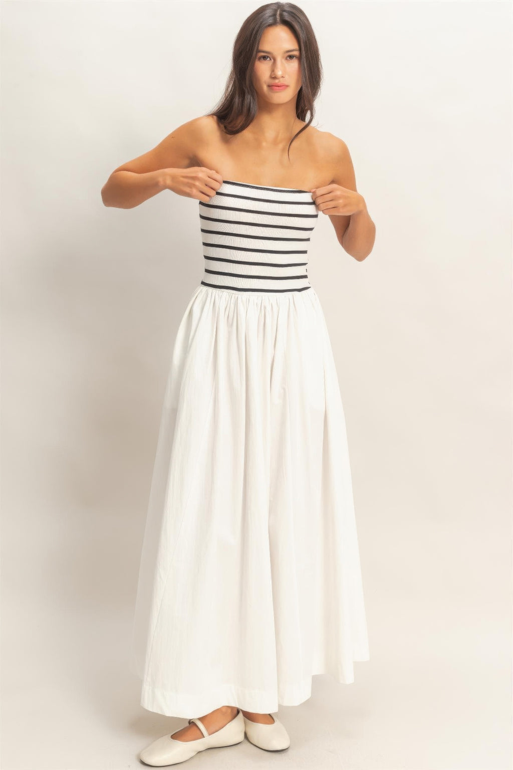 Striped Bandeau Flowy Midi Dress - White