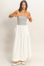 Striped Bandeau Flowy Midi Dress - White