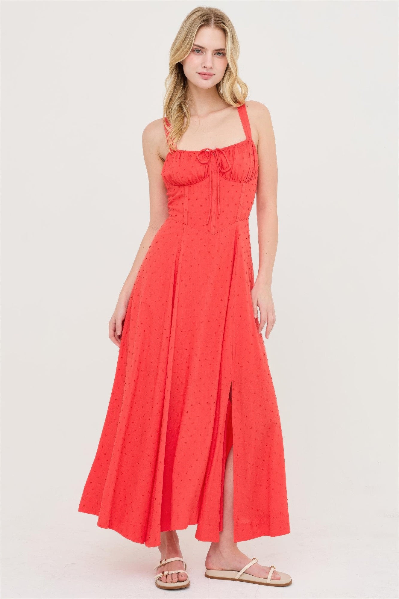 Boned Tie Back Maxi Dress - Blood orange