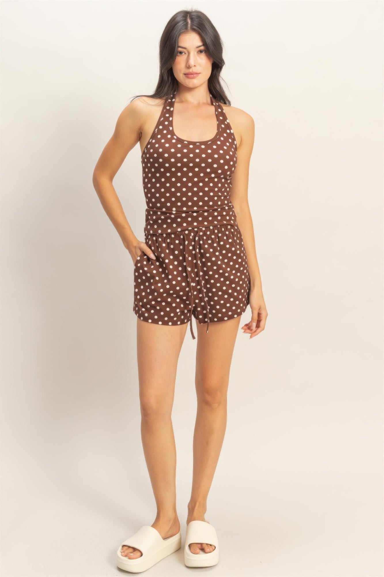 Polka Dot Drawstring Lounge Shorts - Brown