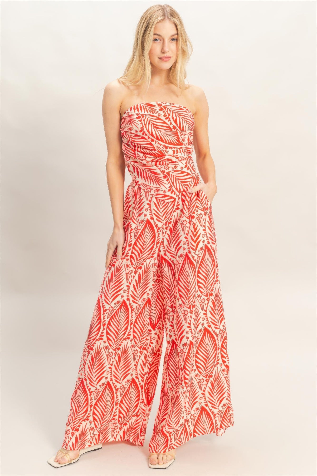 Tropical Print Strapless Pant Set - Red