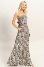 Tropical Print Strapless Pant Set - Black