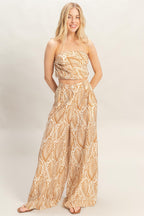 Tropical Print Strapless Pant Set - Light brown