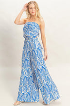 Tropical Print Strapless Pant Set - Blue