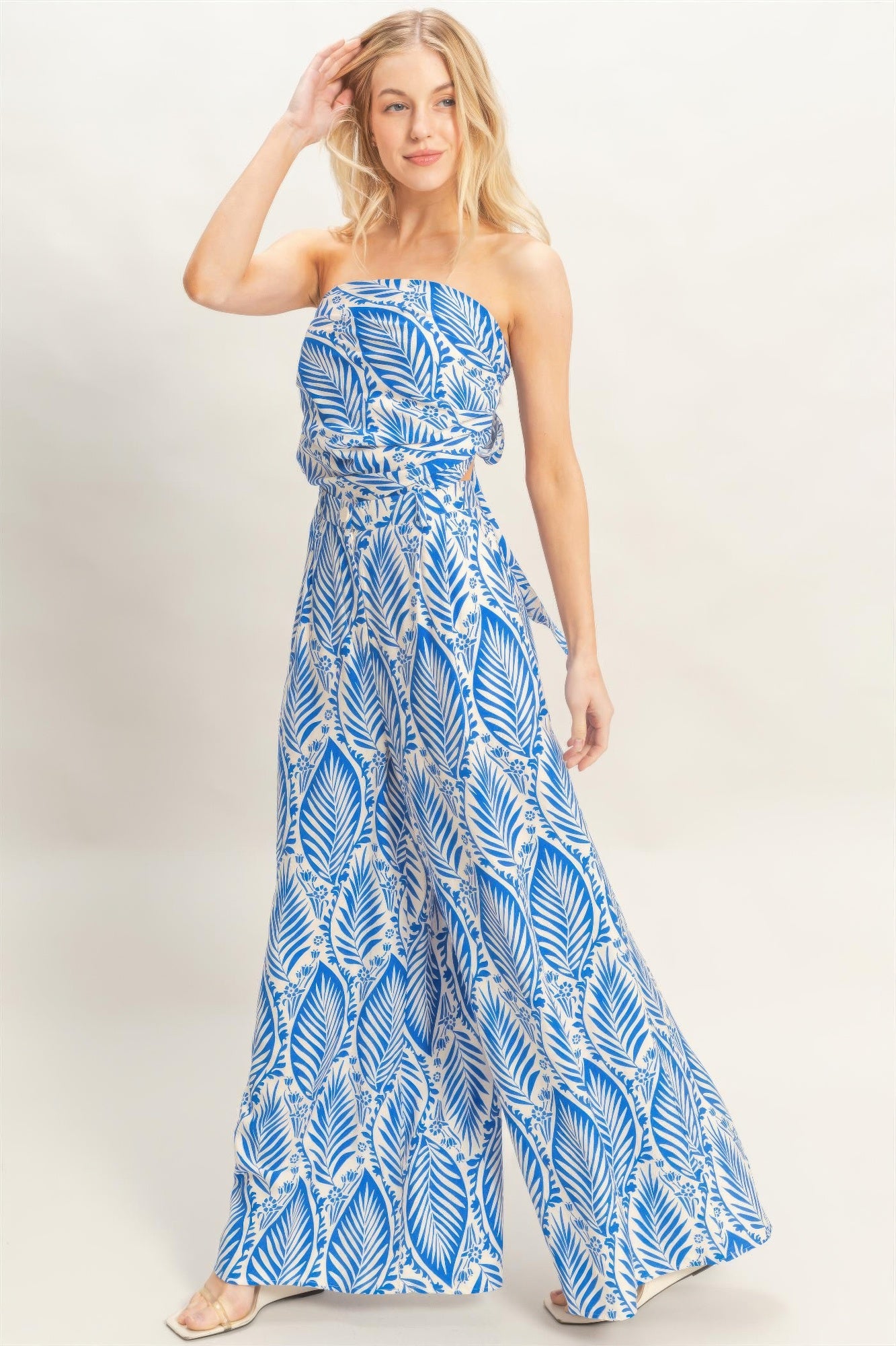 Tropical Print Strapless Pant Set - Blue