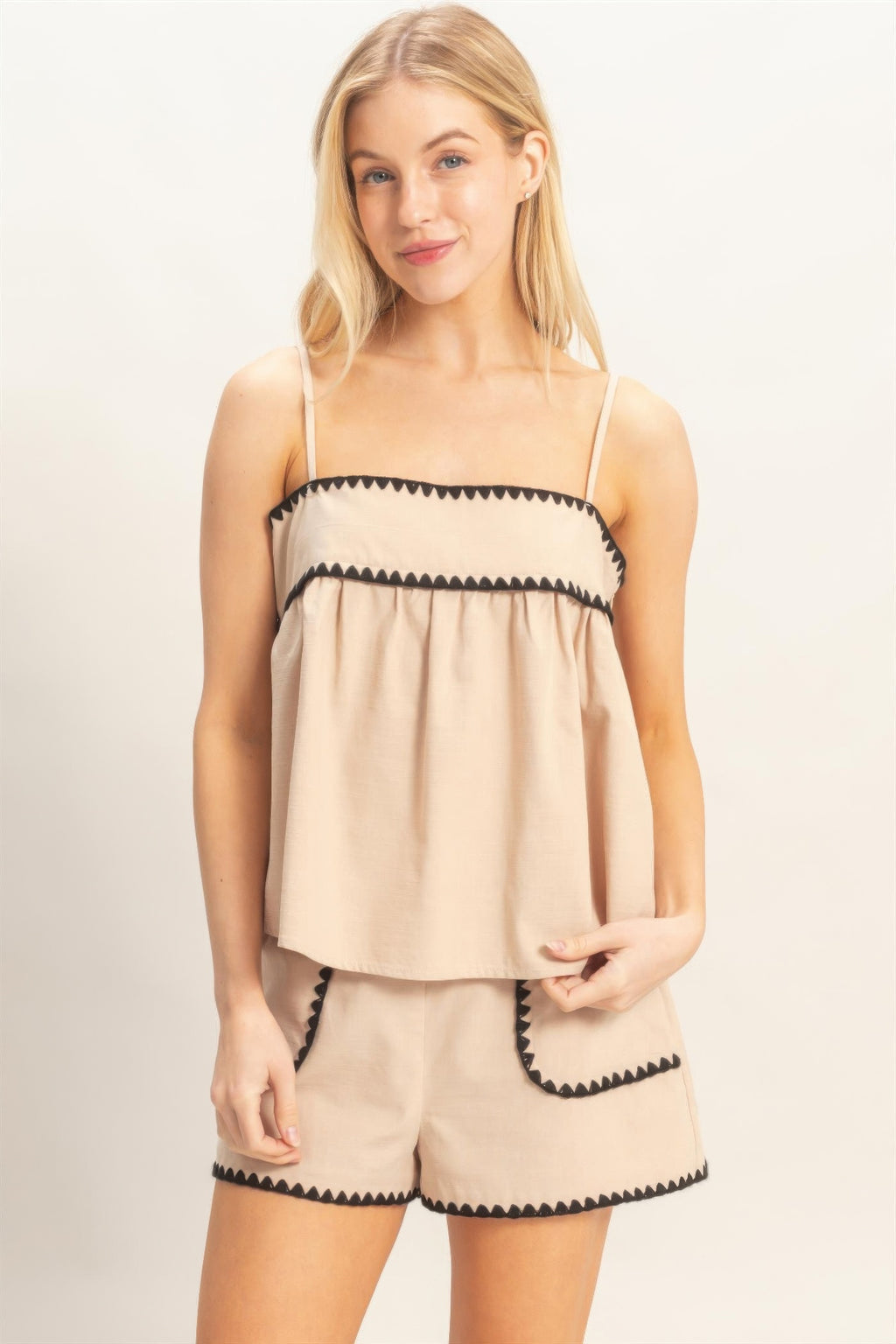 Scallop Trim Babydoll Cami Top - Beige