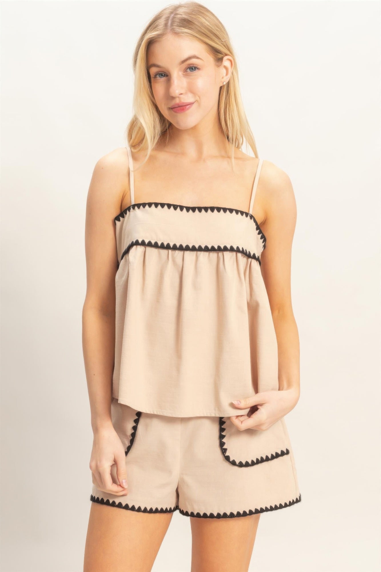 Scallop Trim Babydoll Cami Top - Beige