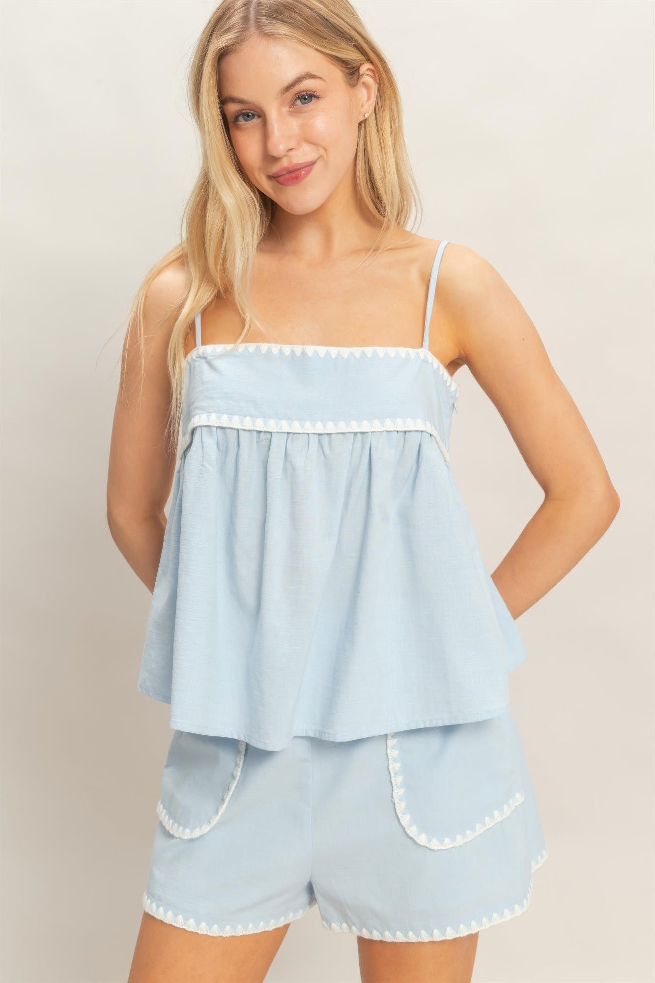 Scallop Trim Babydoll Cami Top - Light blue