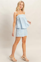 Scallop Trim Pocket Shorts - Light blue