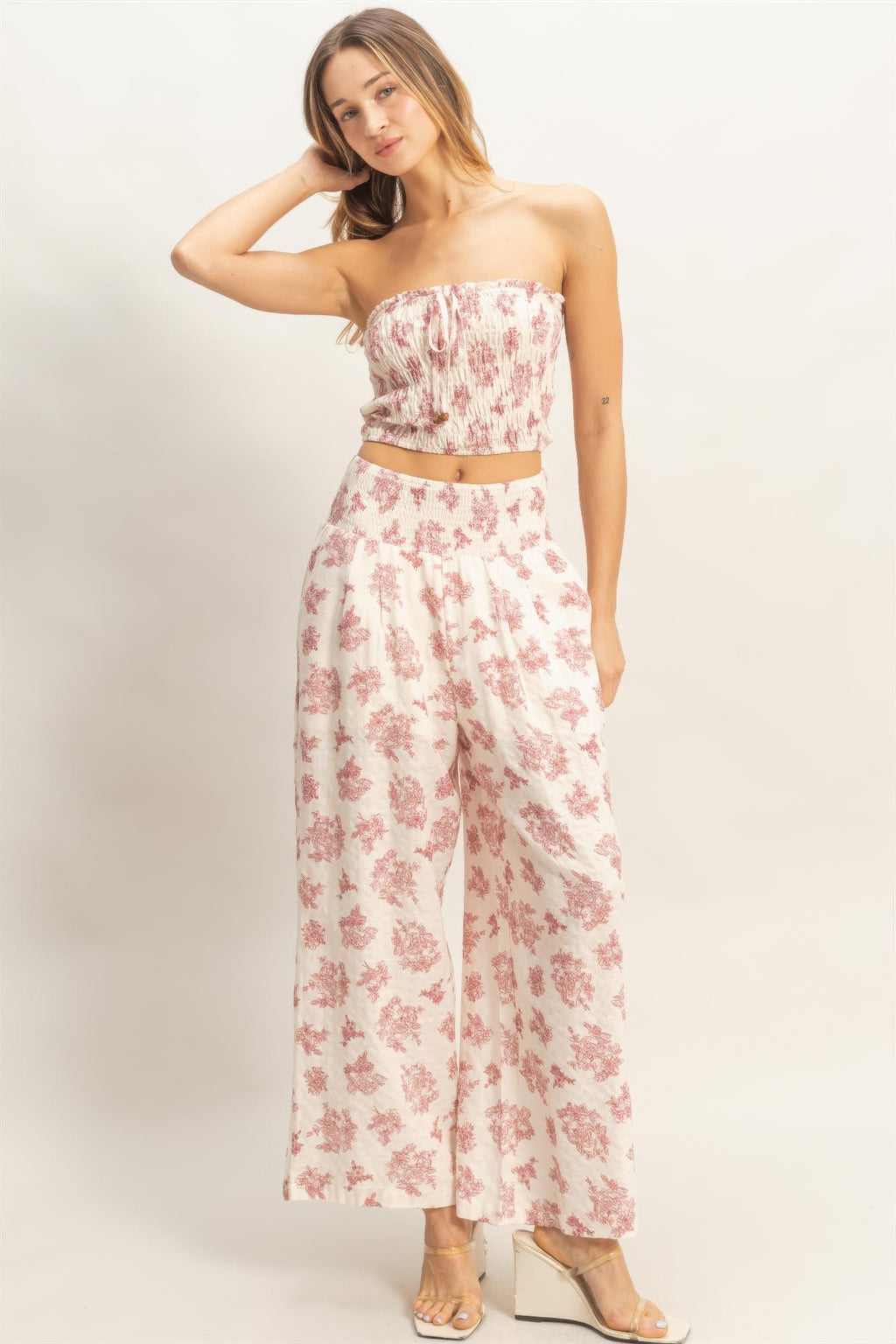 Floral Smocked Bandeau Pants Set - Burgundy