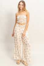 Floral Smocked Bandeau Pants Set - Black