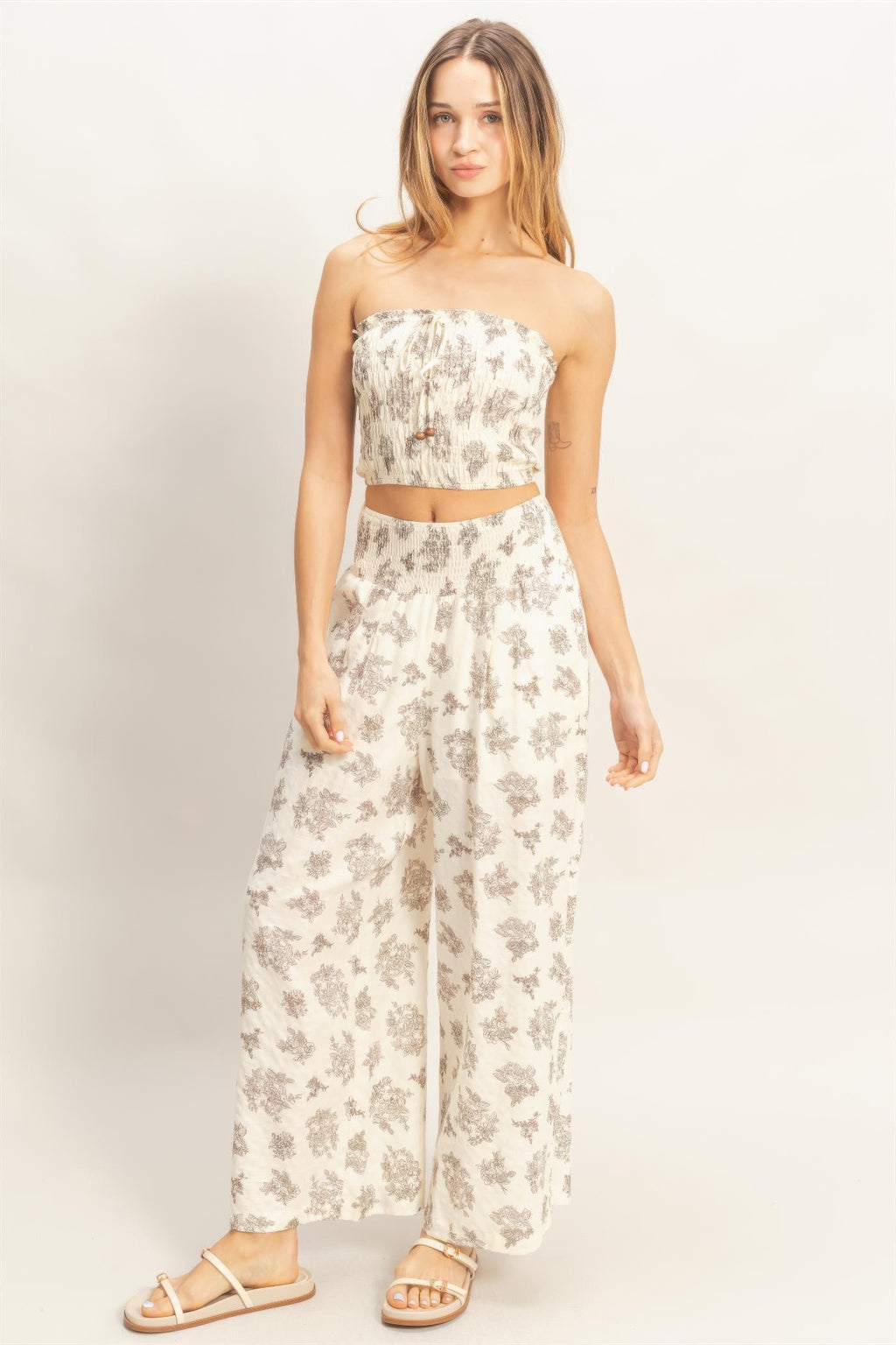 Floral Smocked Bandeau Pants Set - Beige