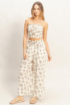 Floral Smocked Bandeau Pants Set - Beige