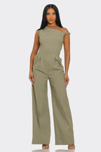 Draped One-Shoulder Wide-Leg Jumpsuit - Khaki